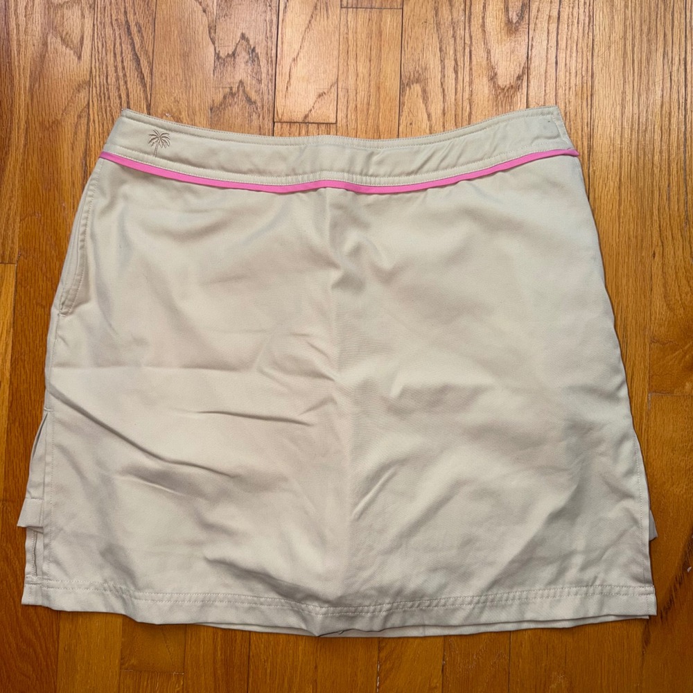 Vintage Lilly Pulitzer Golf Skort Tan Khaki Pink Trim Palm Tree Logo Pickleball